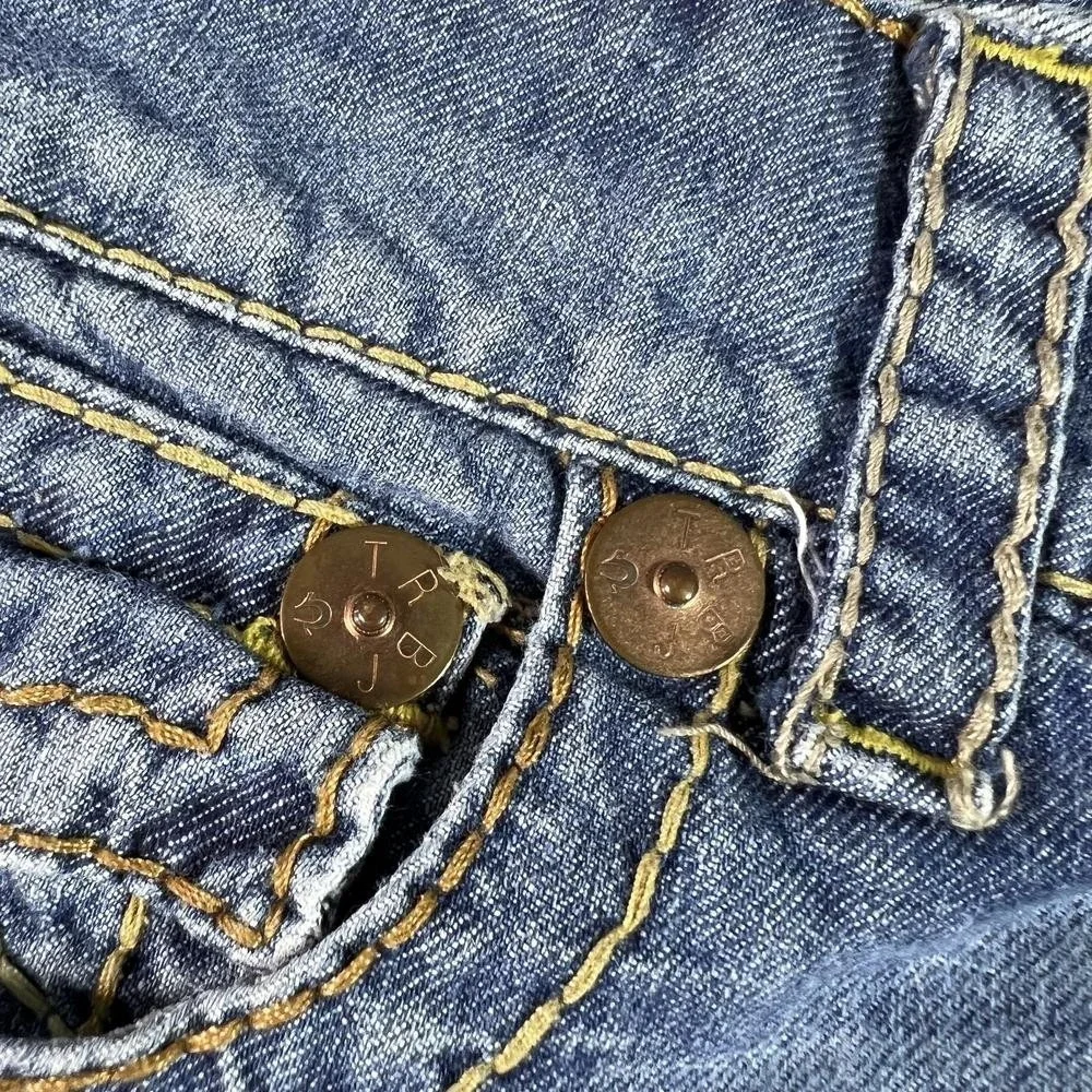 True Religion Bermuda Short Men's 30 Blue Cotton Denim Frayed-Hem Faded Workwear